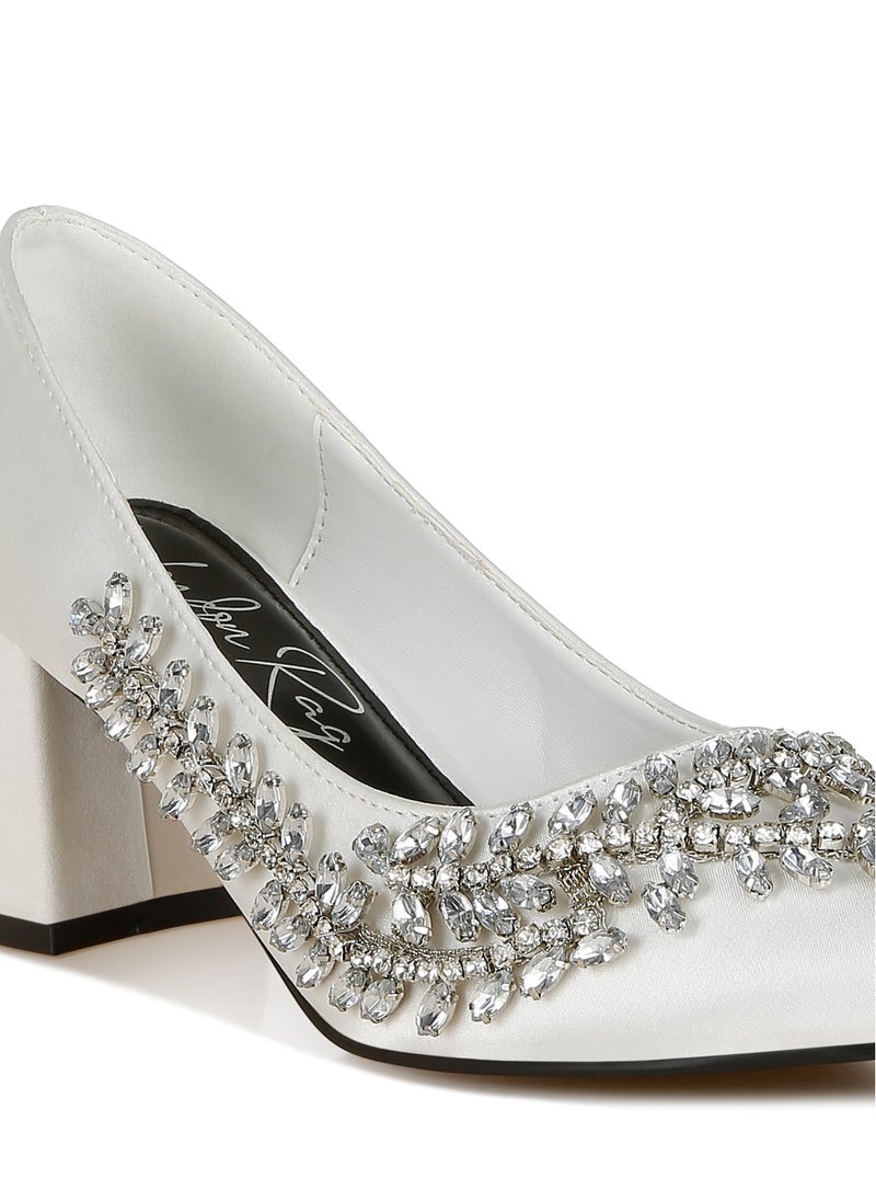 Satin Diamante Embellished Pumps in White