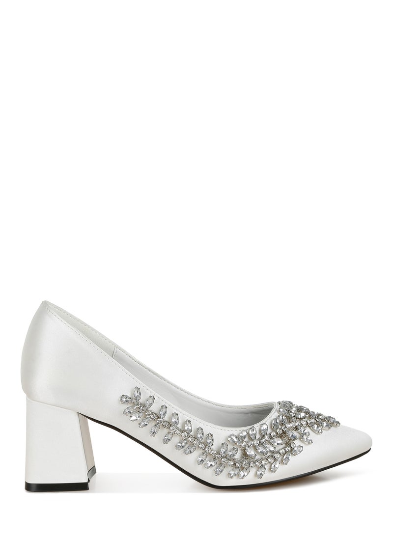 Satin Diamante Embellished Pumps in White