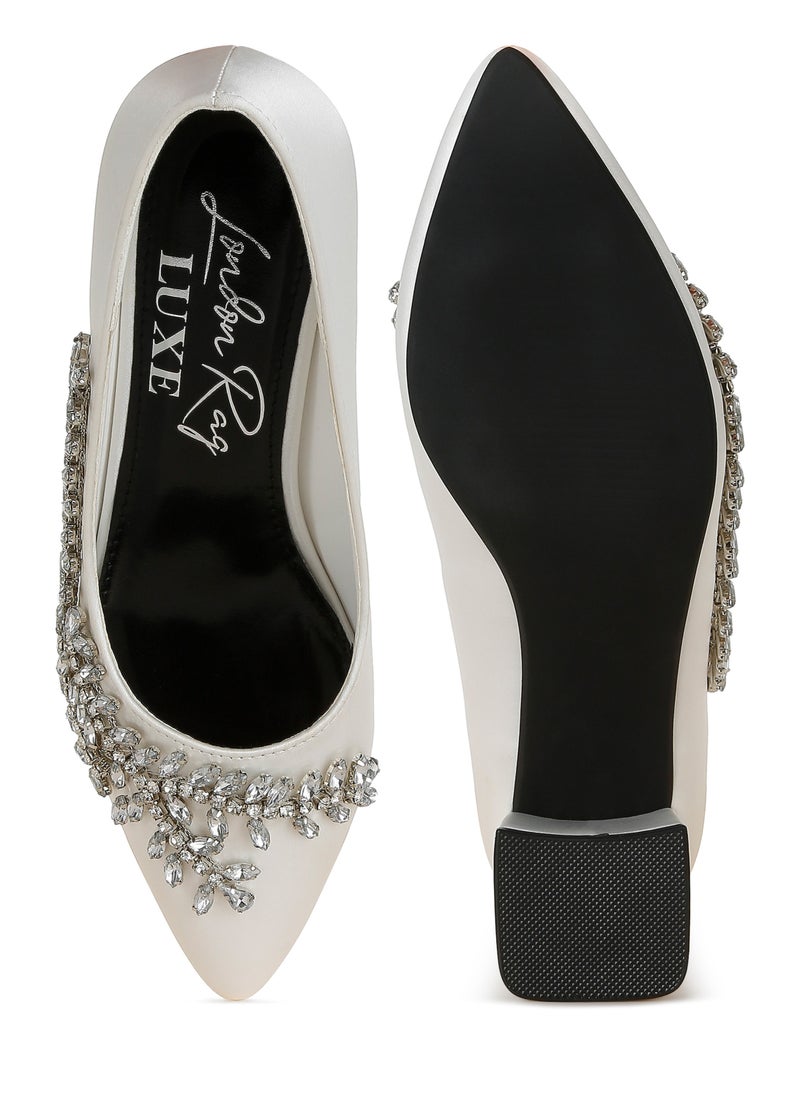 Satin Diamante Embellished Pumps in White