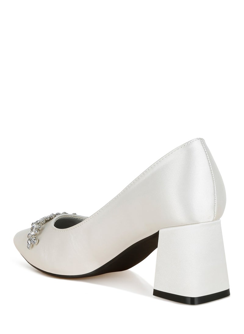 Satin Diamante Embellished Pumps in White