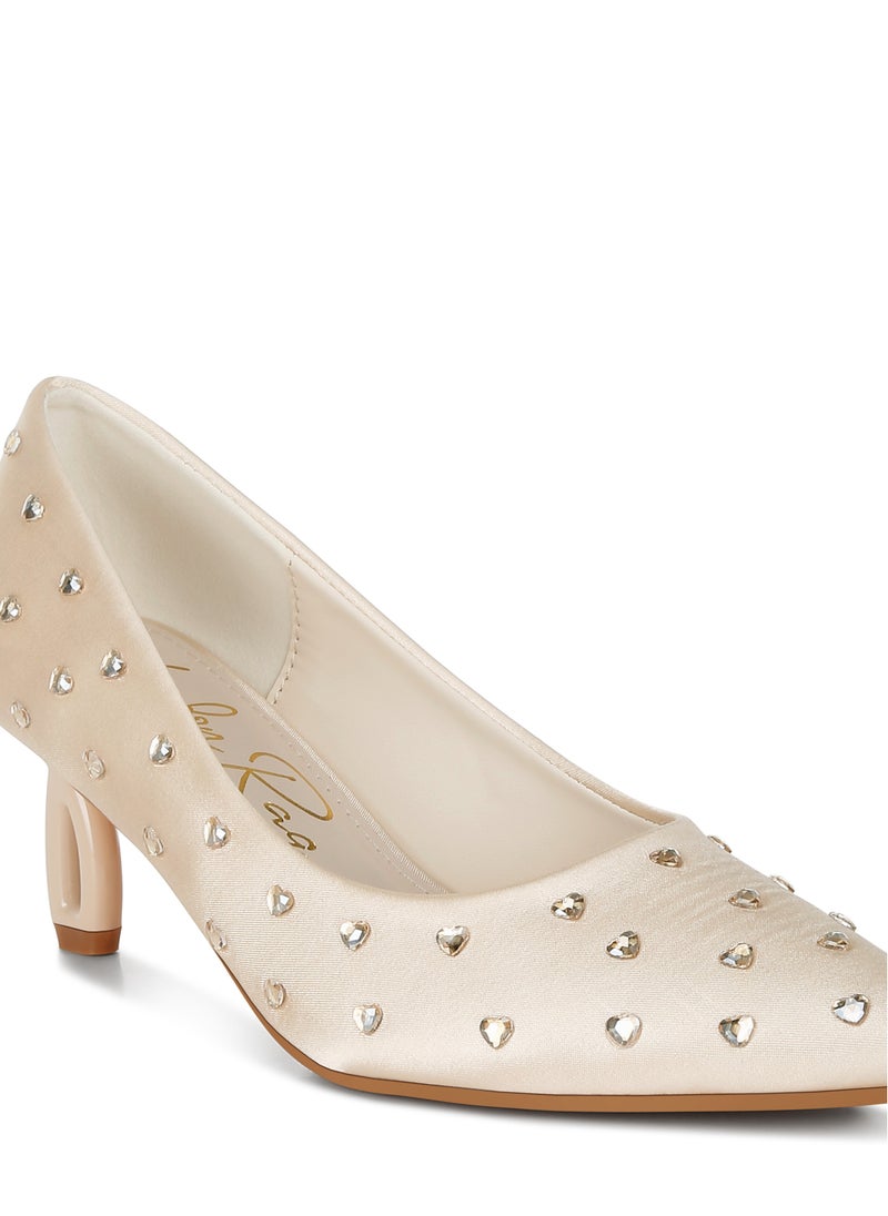 Heart-Shaped Rhinestones Pumps in Beige