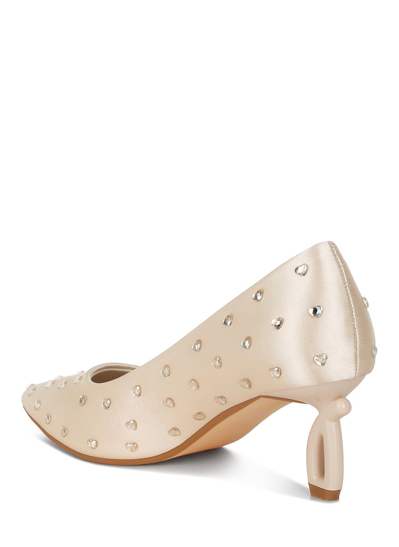 Heart-Shaped Rhinestones Pumps in Beige