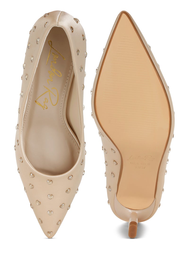 Heart-Shaped Rhinestones Pumps in Beige