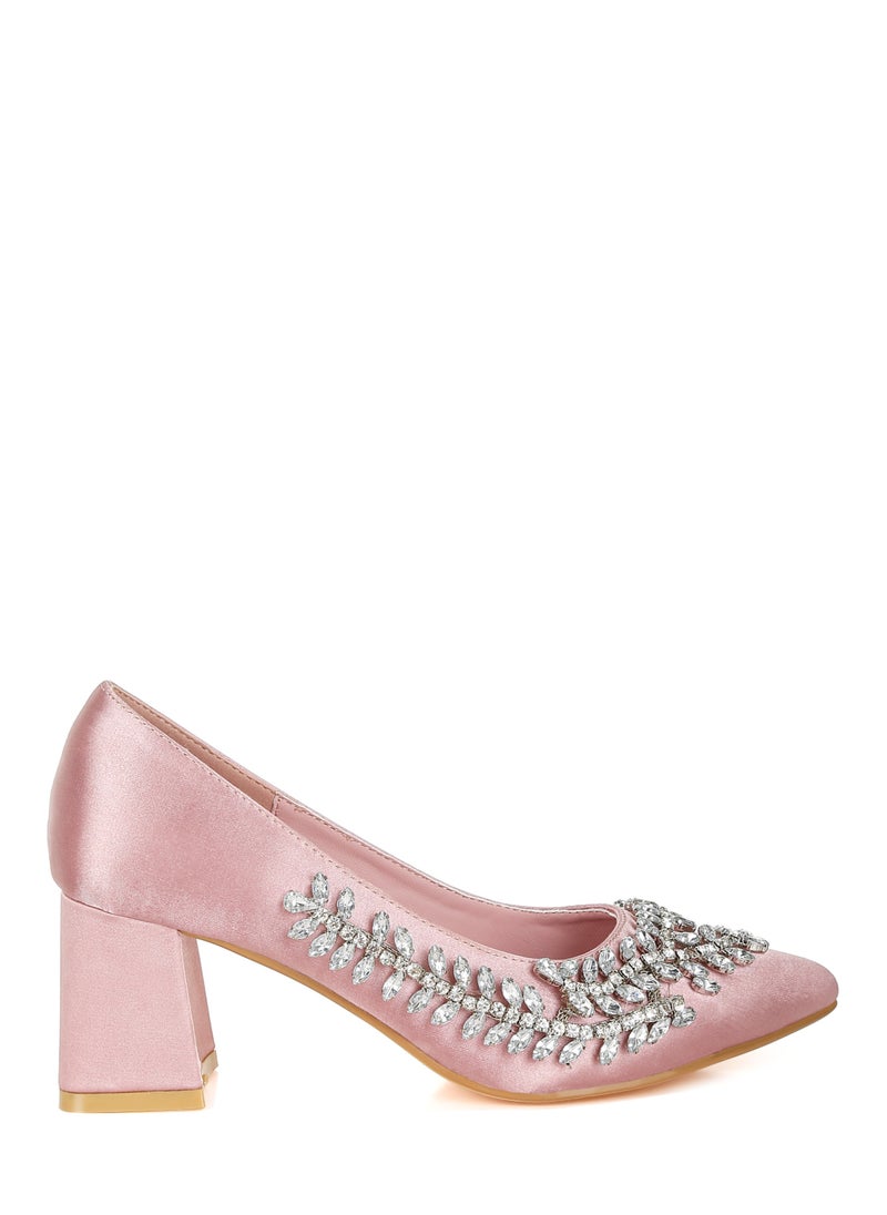 Satin Diamante Embellished Pumps in Blush