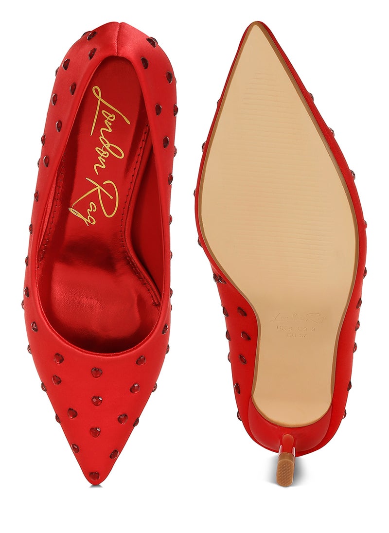 Heart-Shaped Rhinestones Pumps in Red