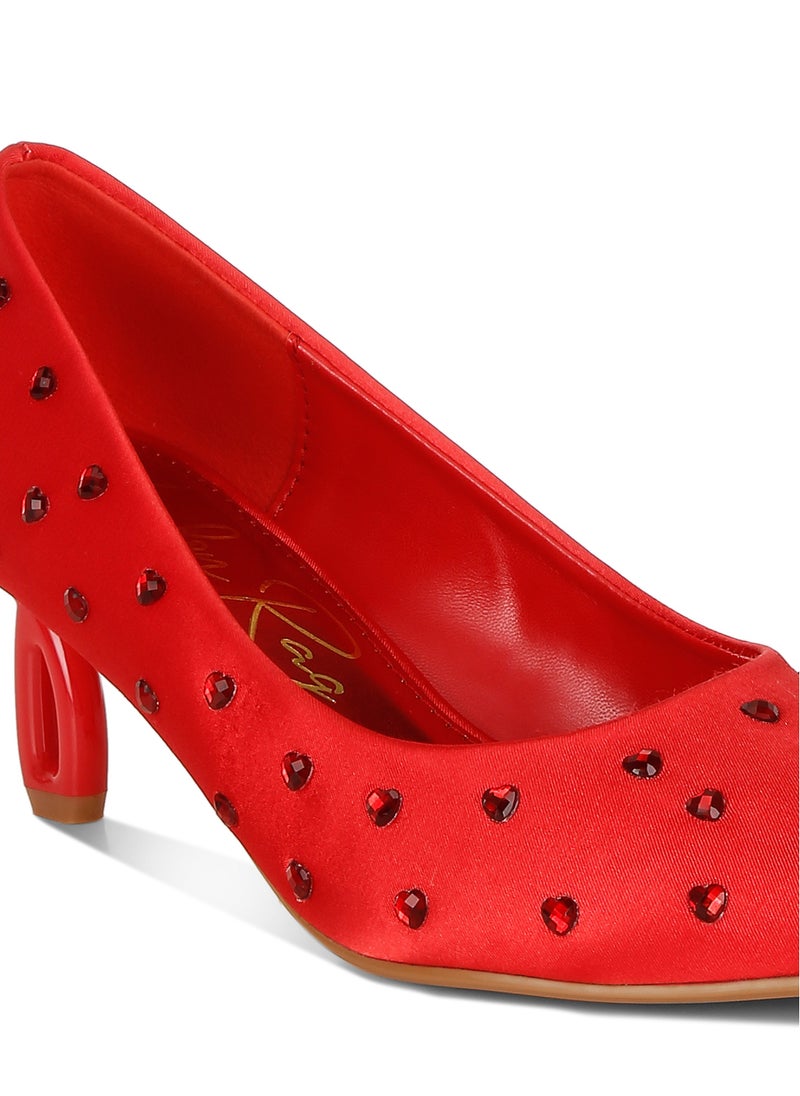 Heart-Shaped Rhinestones Pumps in Red