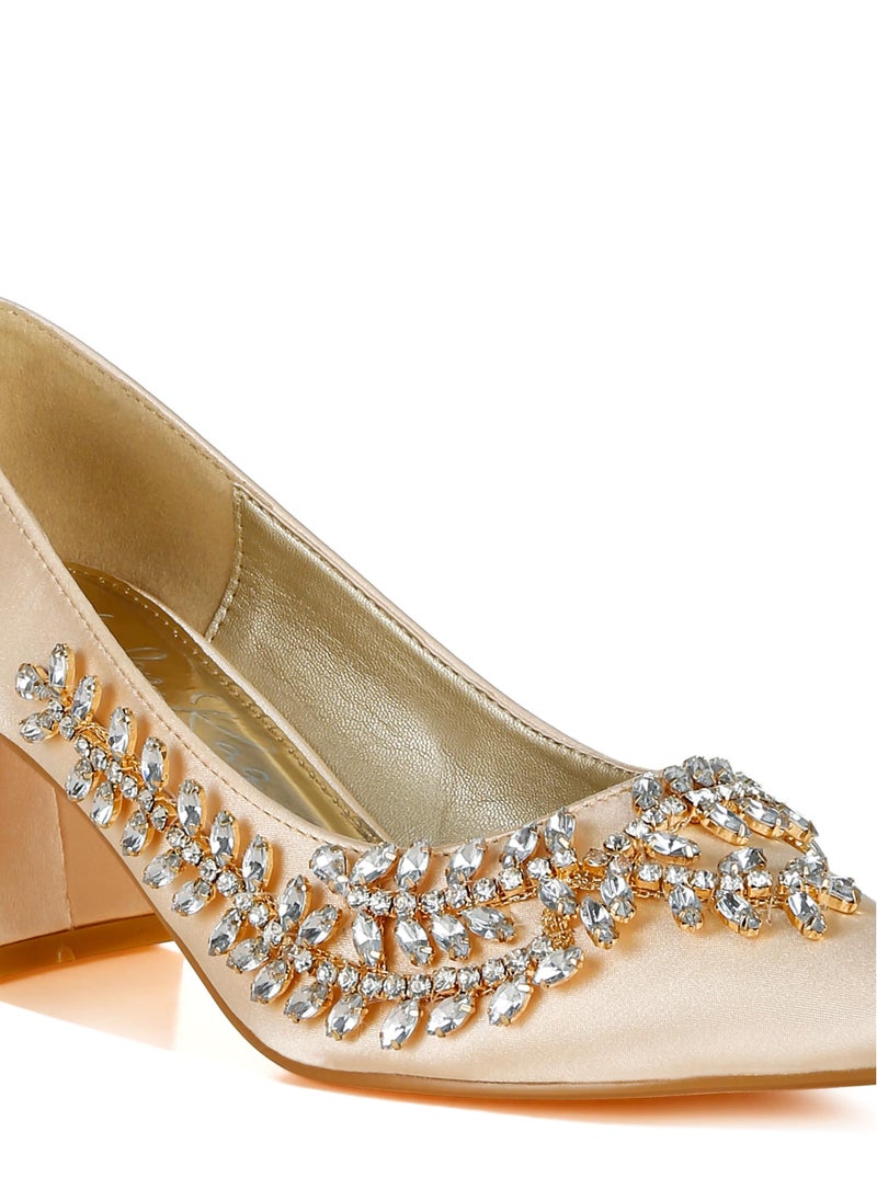 Satin Diamante Embellished Pumps in Beige