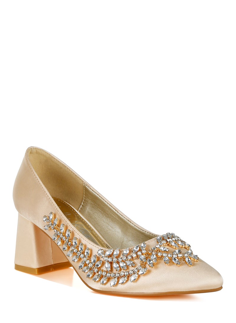 Satin Diamante Embellished Pumps in Beige