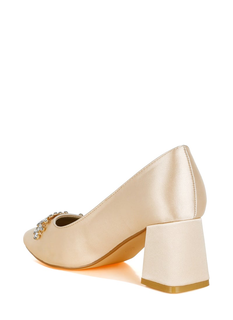 Satin Diamante Embellished Pumps in Beige