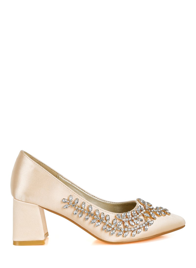 Satin Diamante Embellished Pumps in Beige