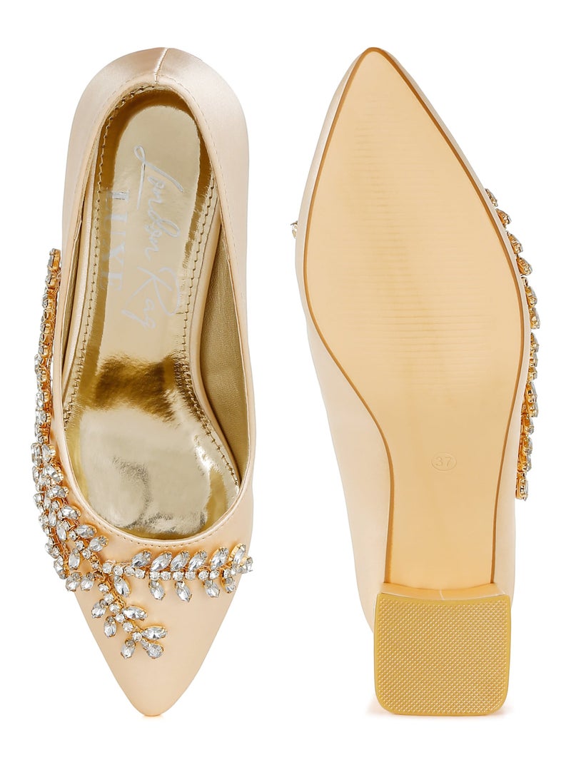 Satin Diamante Embellished Pumps in Beige