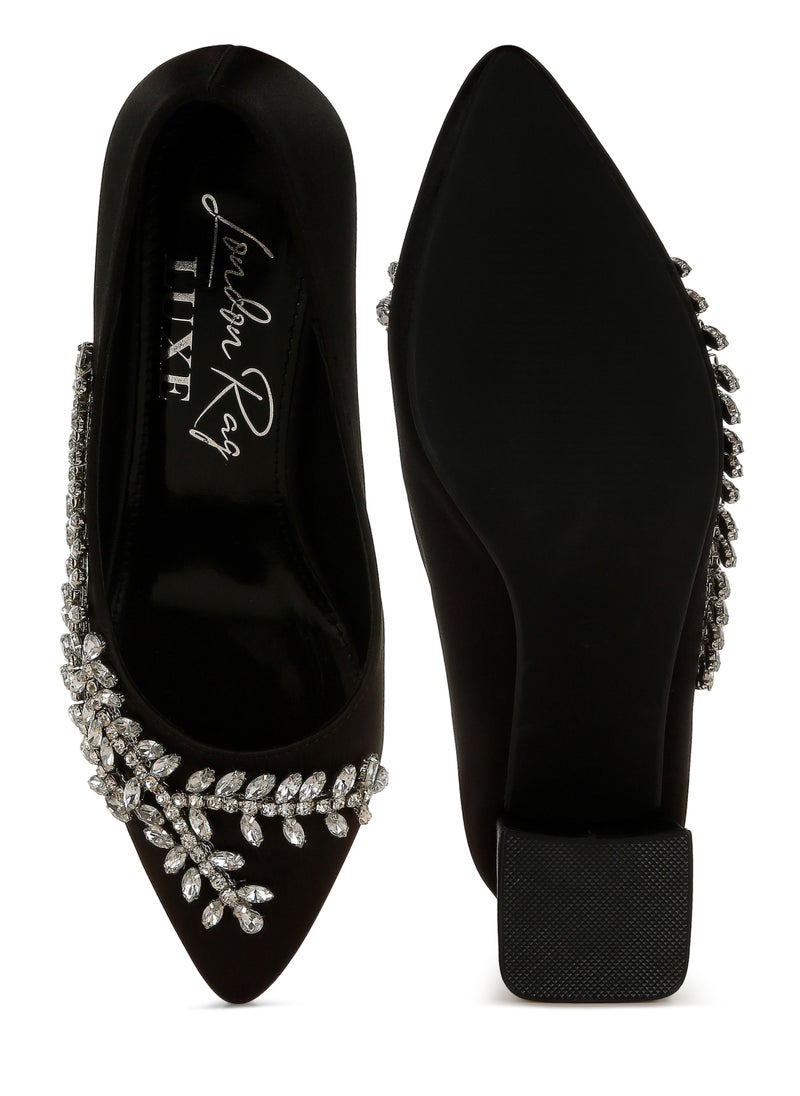 Satin Diamante Embellished Pumps in Black