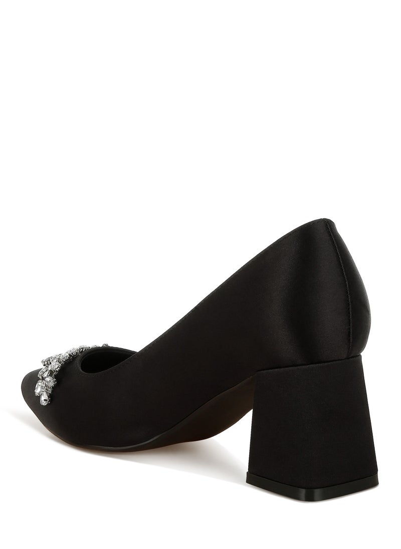 Satin Diamante Embellished Pumps in Black