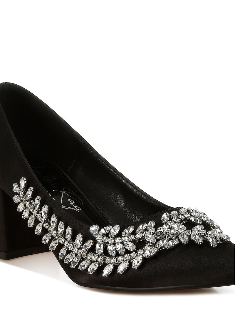 Satin Diamante Embellished Pumps in Black