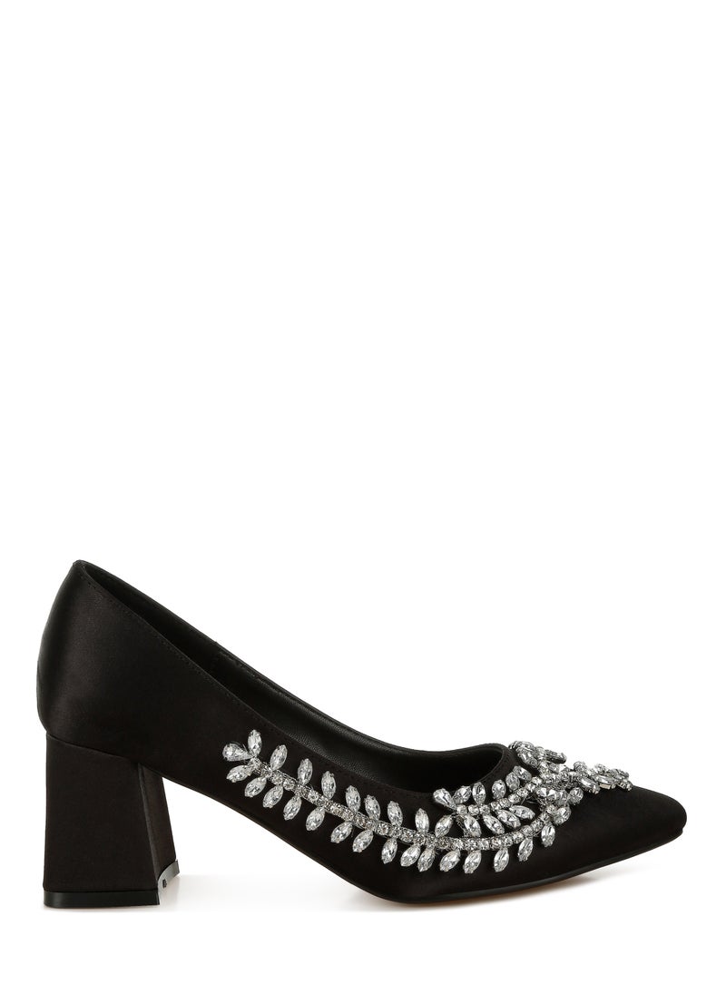 Satin Diamante Embellished Pumps in Black