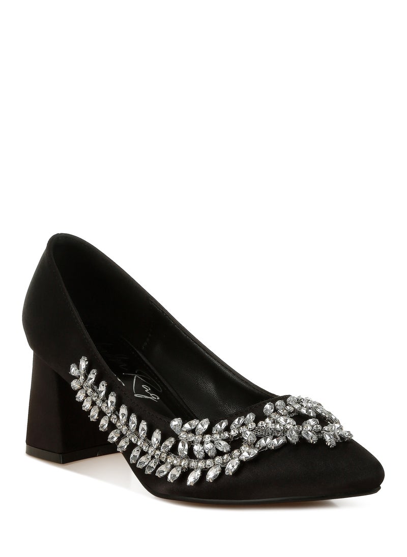 Satin Diamante Embellished Pumps in Black