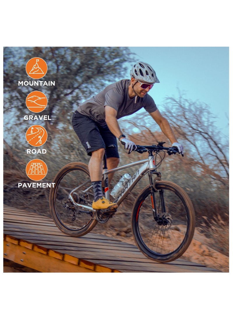 Calibre Hardtail Mountain Bicycle| Lightweight Alloy Frame & Rims | Gear | Disc Brakes | Front Suspension Bike And Shimano Shifters | Silver | Size 29 Inches