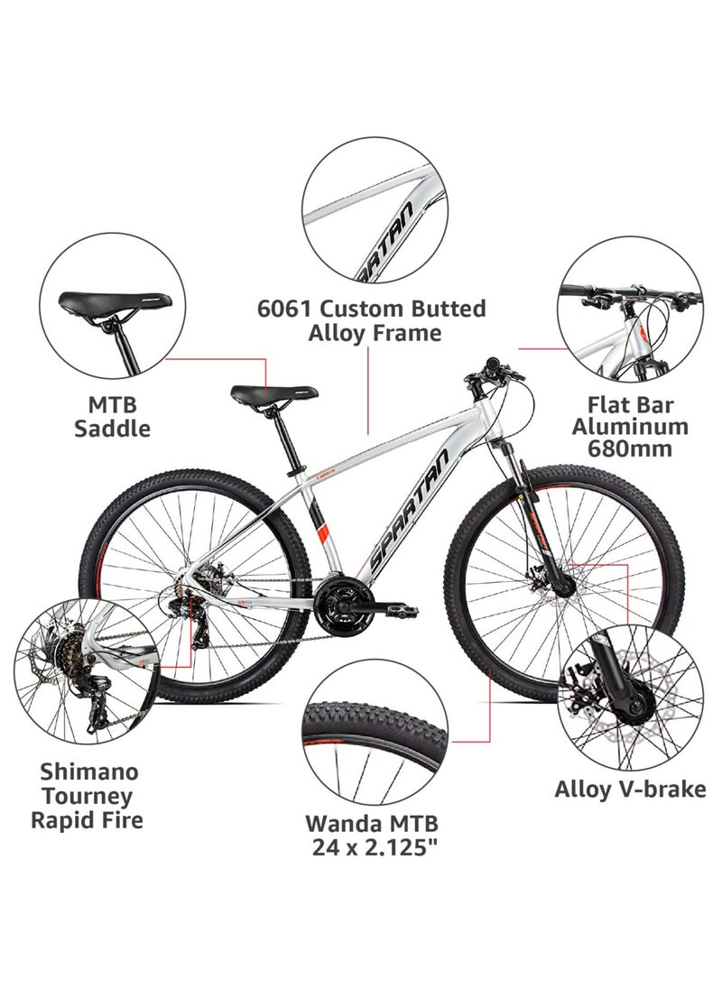 Calibre Hardtail Mountain Bicycle| Lightweight Alloy Frame & Rims | Gear | Disc Brakes | Front Suspension Bike And Shimano Shifters | Silver | Size 29 Inches