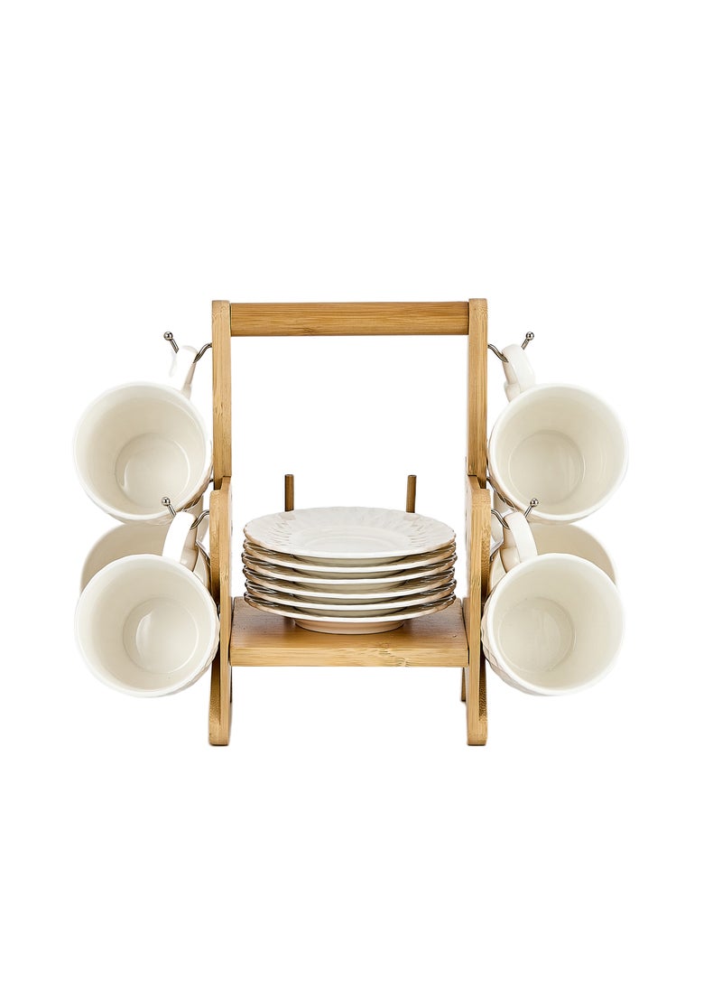 Shallow Elegant Porcelain Bamboo 6 Cup & 6 Saucer Set with Stand, 180ml