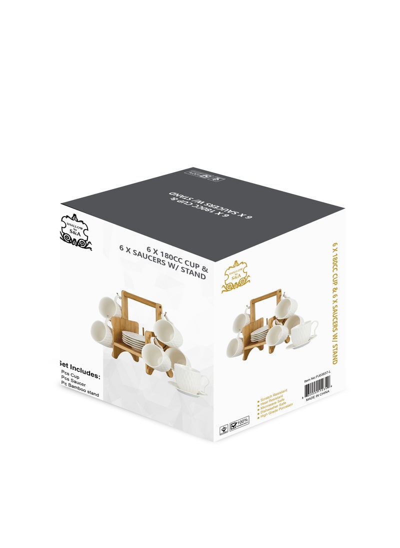 Shallow Elegant Porcelain Bamboo 6 Cup & 6 Saucer Set with Stand, 180ml