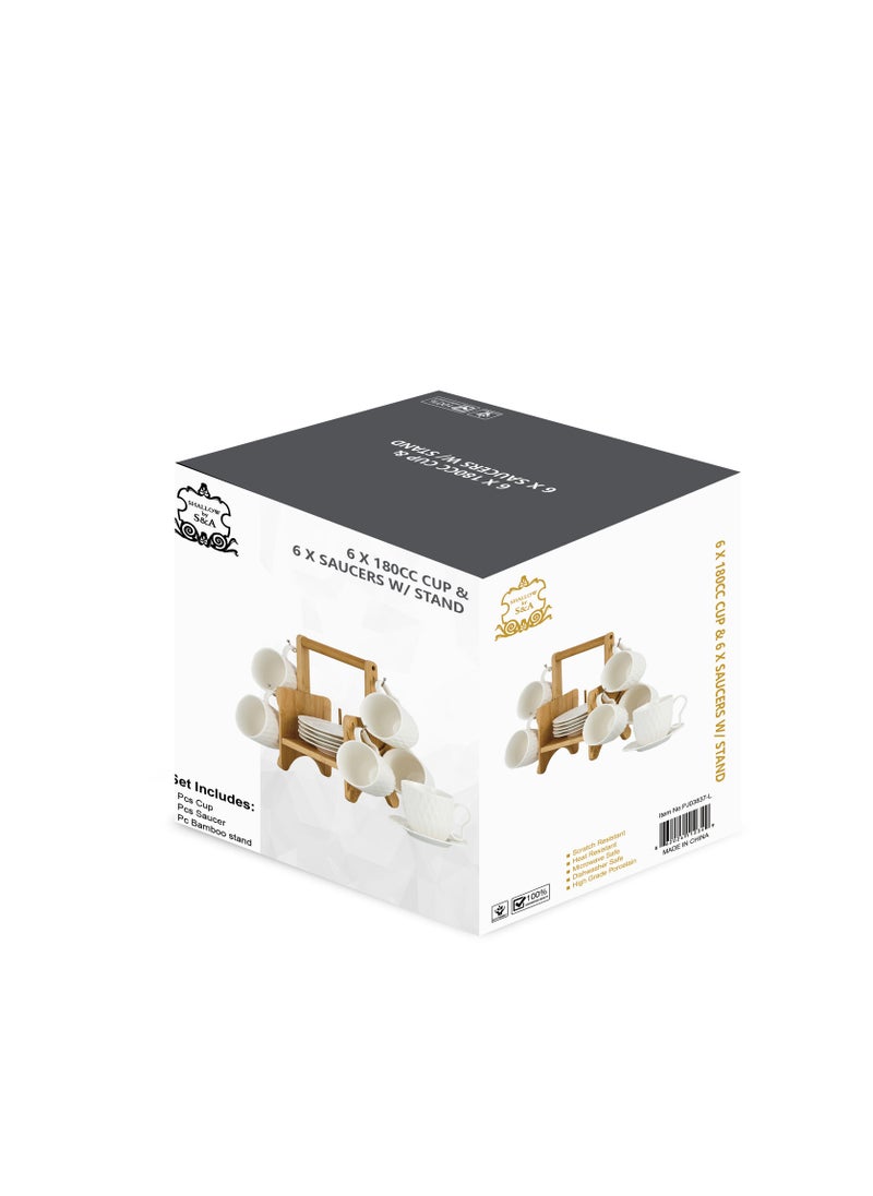Shallow Elegant Porcelain Bamboo 6 Cup & 6 Saucer Set with Stand, 180ml