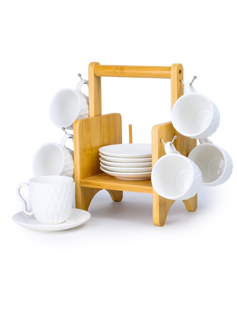 Shallow Elegant Porcelain Bamboo 6 Cup & 6 Saucer Set with Stand, 180ml