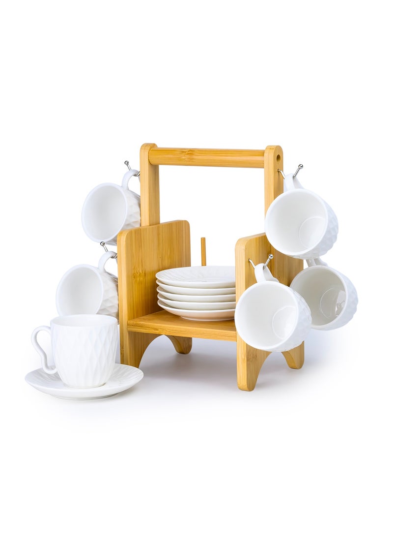 Shallow Elegant Porcelain Bamboo 6 Cup & 6 Saucer Set with Stand, 180ml