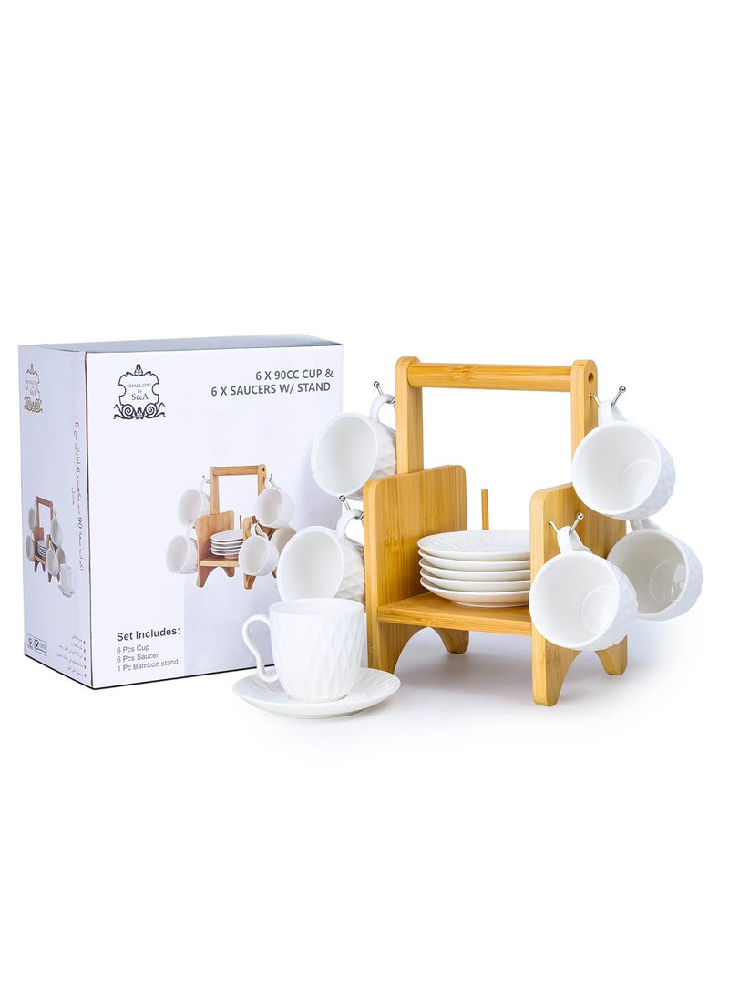 Shallow Elegant Porcelain Bamboo 6 Cup & 6 Saucer Set with Stand, 180ml