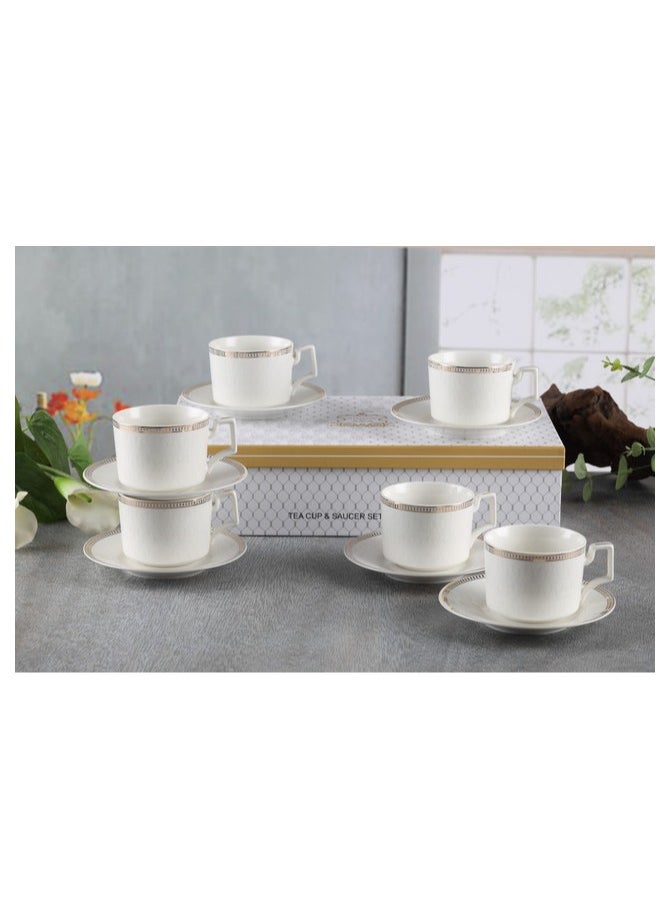 Shallow New Bone China Lara Tea Cup & Saucer Set, 220ml (White, 6 Cups, 6 Saucer)