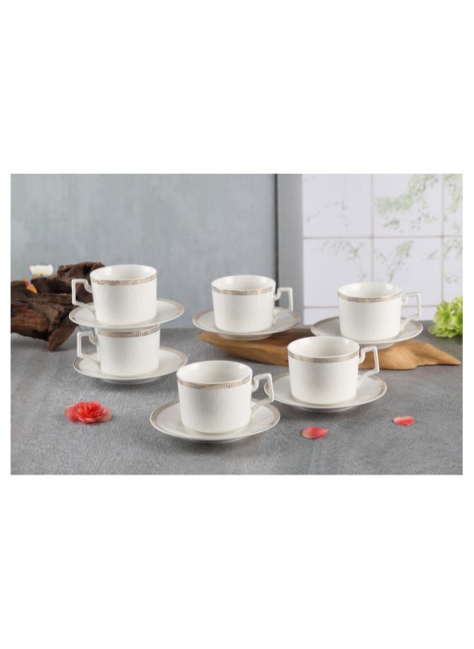 Shallow New Bone China Lara Tea Cup & Saucer Set, 220ml (White, 6 Cups, 6 Saucer)