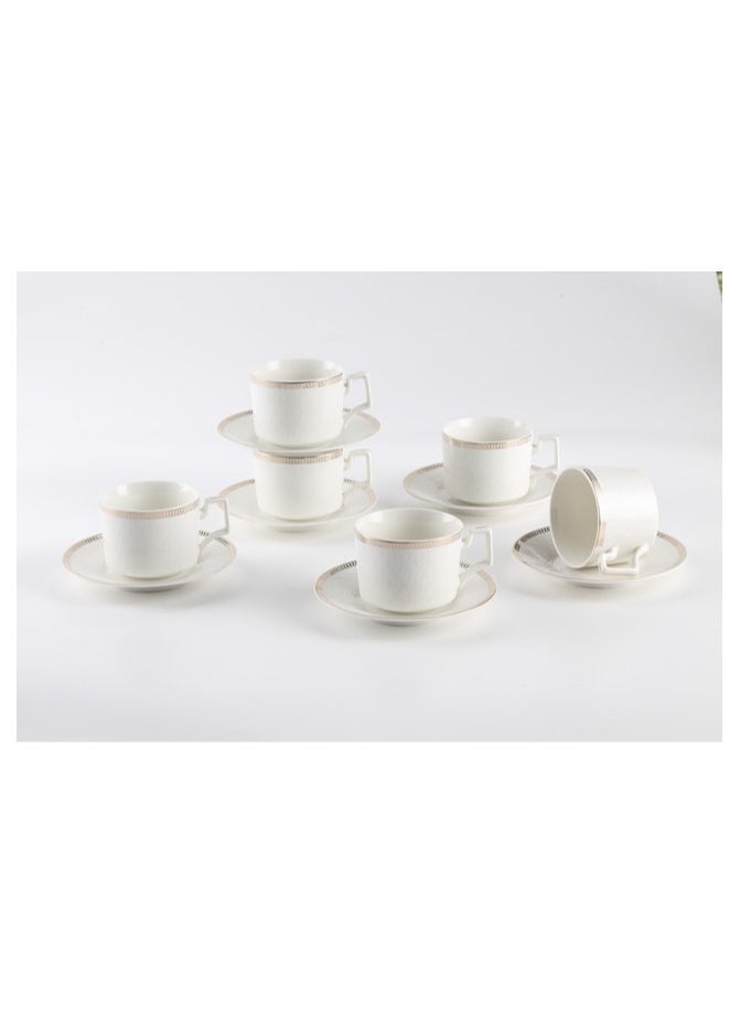 Shallow New Bone China Lara Tea Cup & Saucer Set, 220ml (White, 6 Cups, 6 Saucer)