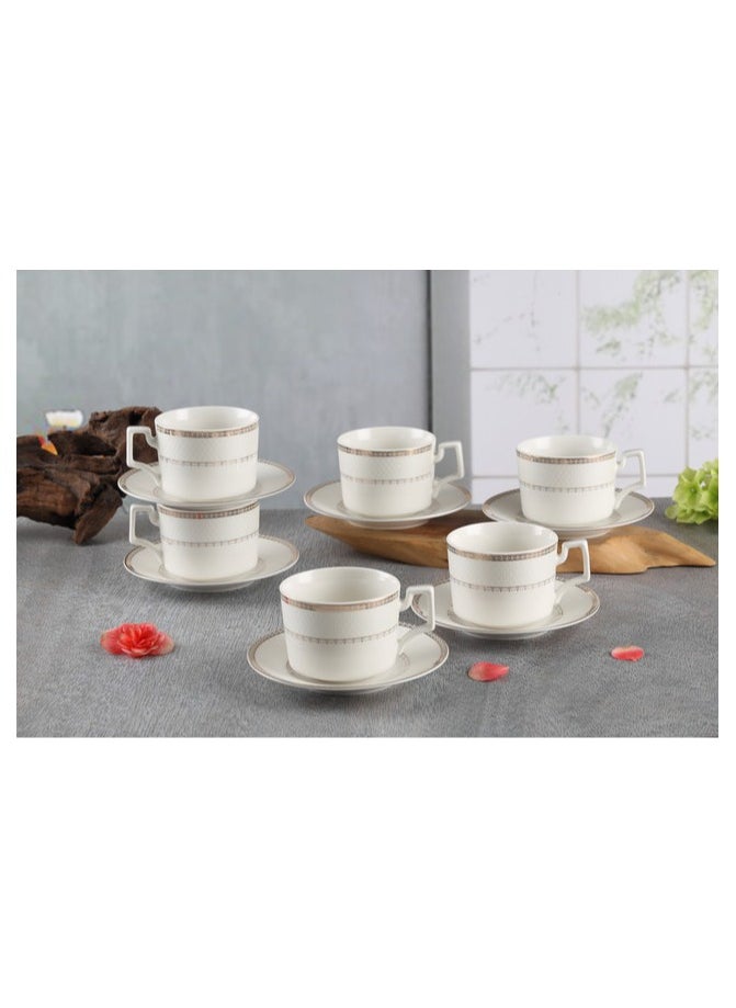 Shallow New Bone China Rosa Tea Cup & Saucer Set, 220ml (White, 6 Cups, 6 Saucer)