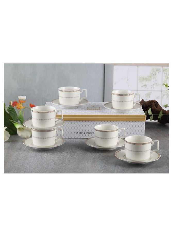 Shallow New Bone China Rosa Tea Cup & Saucer Set, 220ml (White, 6 Cups, 6 Saucer)