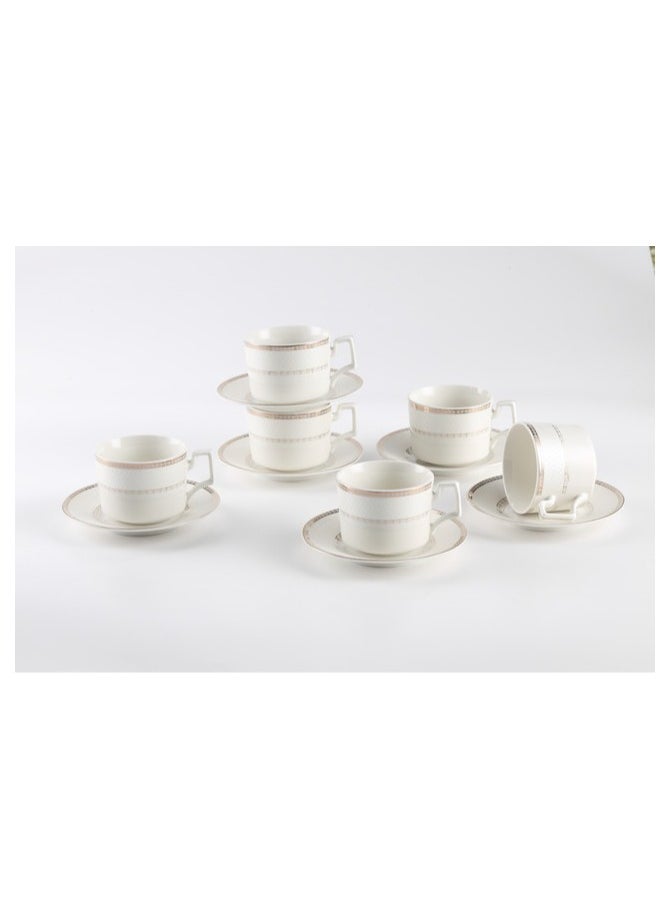 Shallow New Bone China Rosa Tea Cup & Saucer Set, 220ml (White, 6 Cups, 6 Saucer)