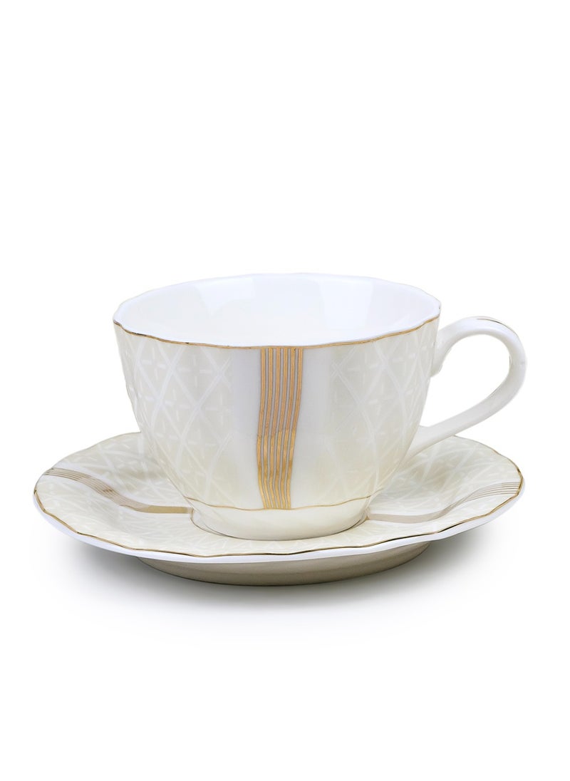 Shallow Porcelain Amara Tea Cup & Saucer Set, 220ml (6 Cups, 6 Saucer, White)