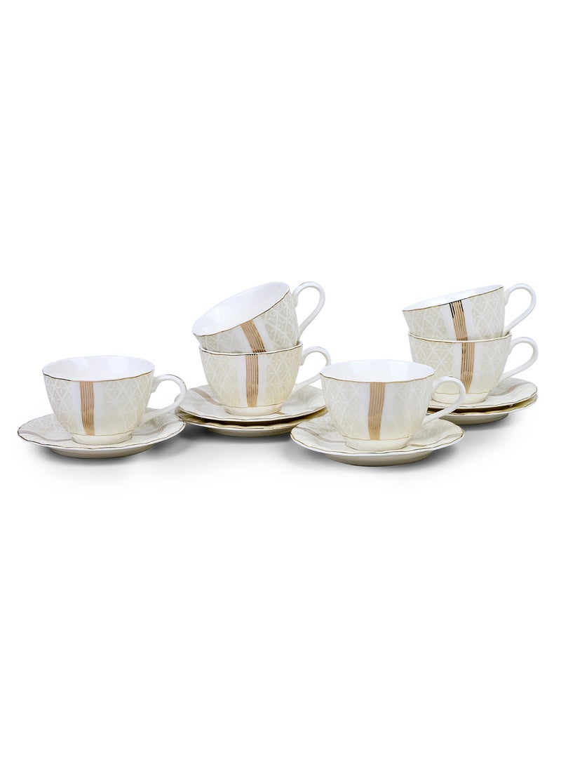 Shallow Porcelain Amara Tea Cup & Saucer Set, 220ml (6 Cups, 6 Saucer, White)