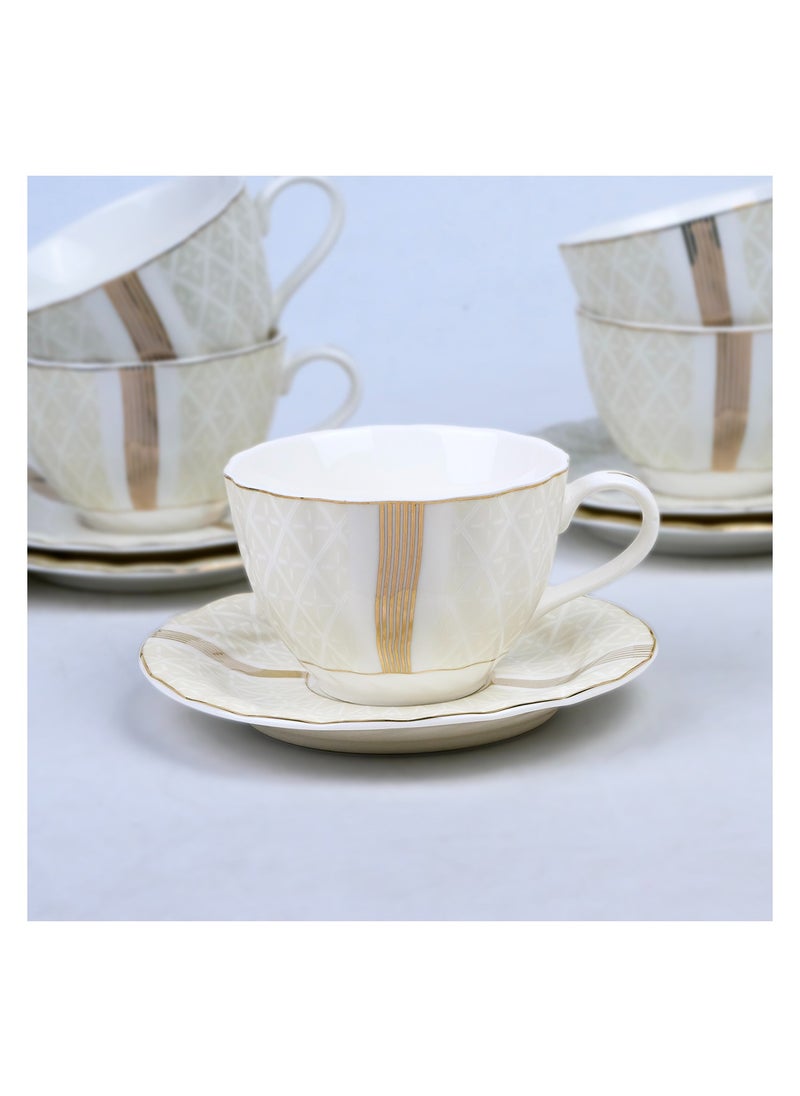 Shallow Porcelain Amara Tea Cup & Saucer Set, 220ml (6 Cups, 6 Saucer, White)