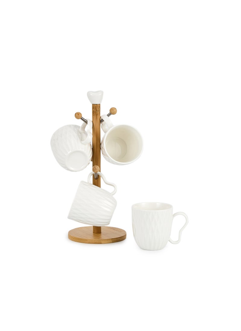 Shallow Elegant Porcelain Bamboo 4 Mug Set with Stand, 300ml