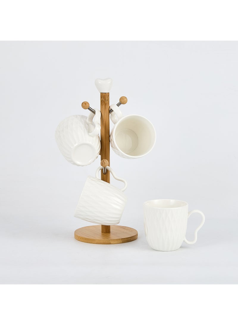 Shallow Elegant Porcelain Bamboo 4 Mug Set with Stand, 300ml