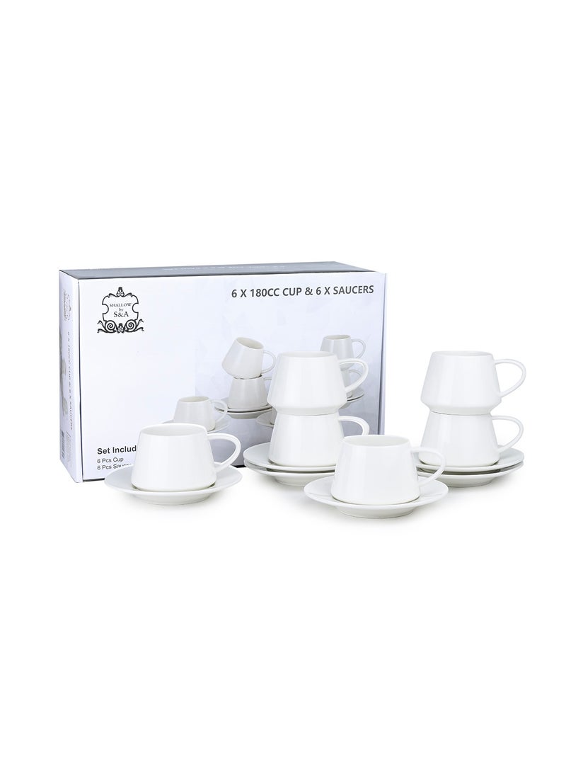 Shallow Elegant Porcelain 6 Cup & 6 Saucer Set, 180ml