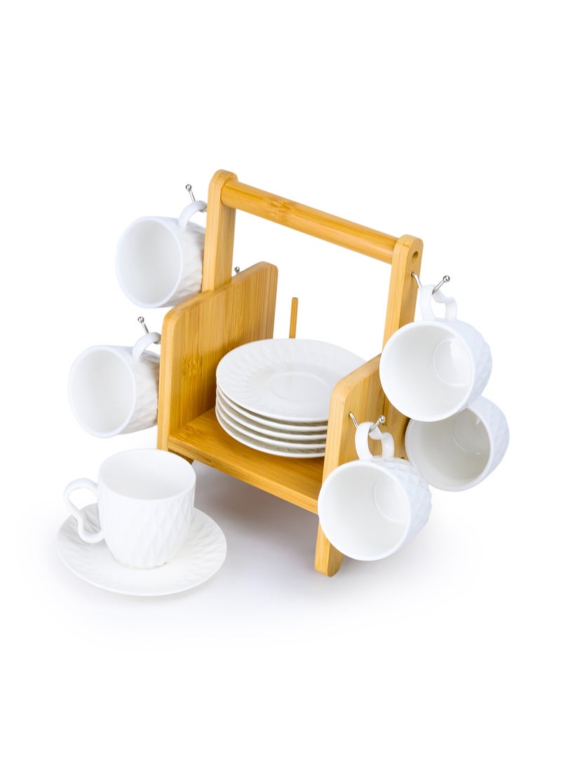 Shallow Elegant Porcelain Bamboo 6 Cup & 6 Saucer Set with Stand, 90ml