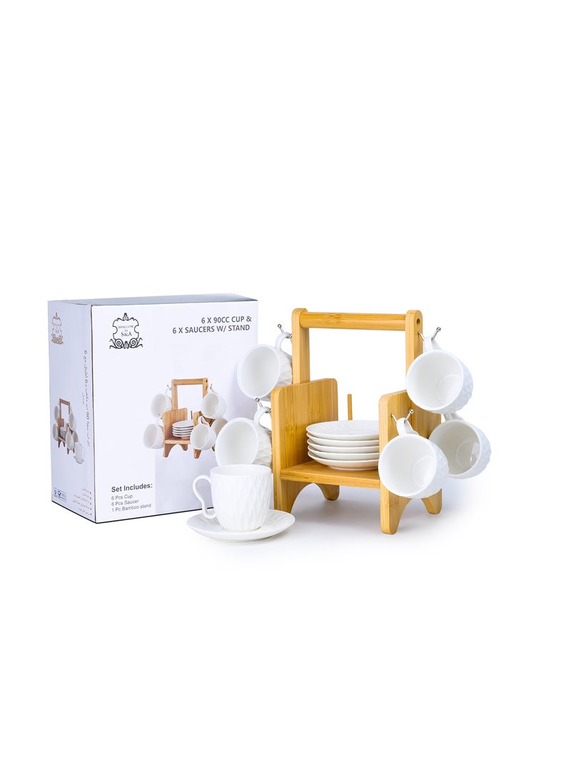 Shallow Elegant Porcelain Bamboo 6 Cup & 6 Saucer Set with Stand, 90ml