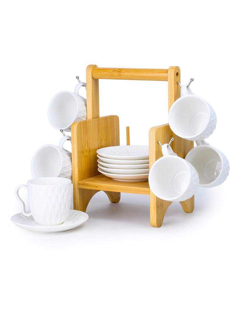 Shallow Elegant Porcelain Bamboo 6 Cup & 6 Saucer Set with Stand, 90ml