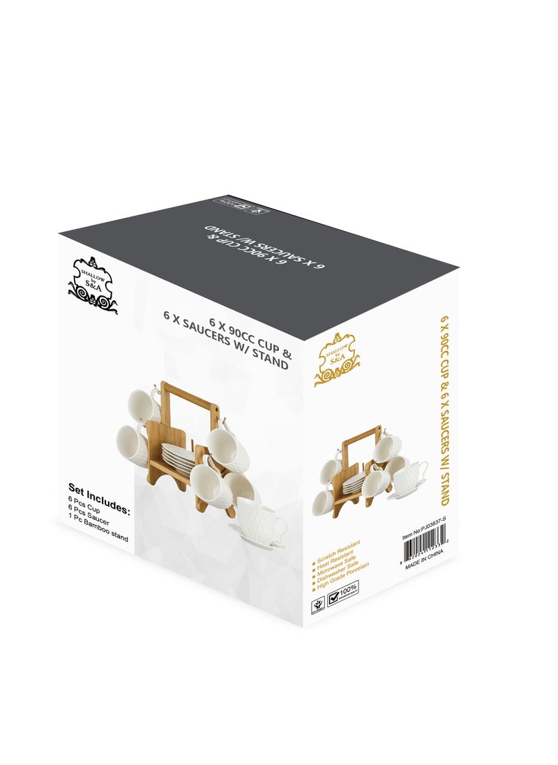 Shallow Elegant Porcelain Bamboo 6 Cup & 6 Saucer Set with Stand, 90ml