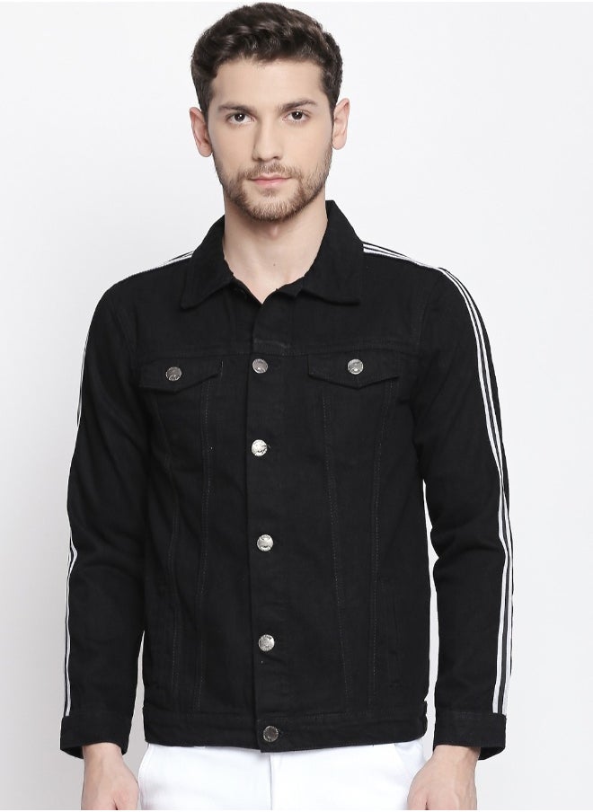 Men Black Solid Denim Jacket