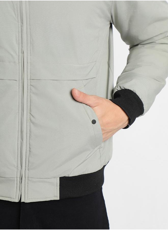 Cement Regular Fit Men's Solid Rib Collar Full Sleeves Polyester Jacket with Zipper Closure