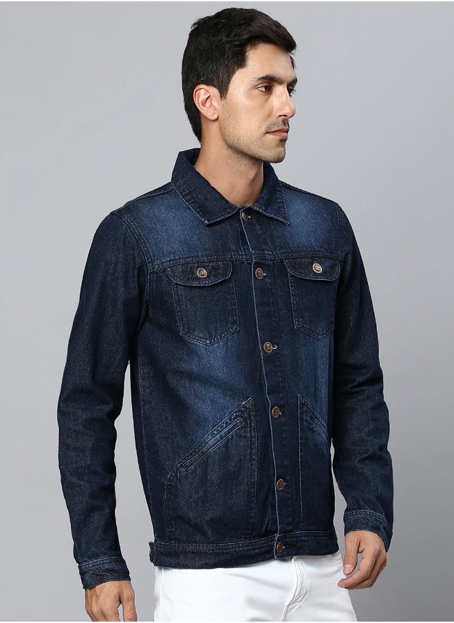 Men Navy Blue Solid Denim Jacket