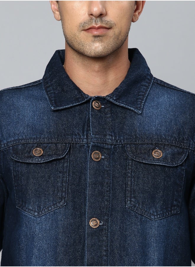 Men Navy Blue Solid Denim Jacket