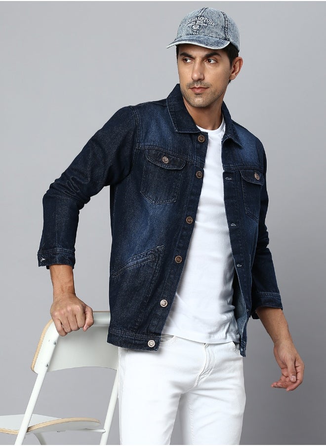 Men Navy Blue Solid Denim Jacket