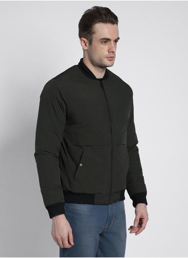 Riffle Green Regular Fit Men's Solid Rib Collar Full Sleeves Polyester Jacket with Zipper Closure